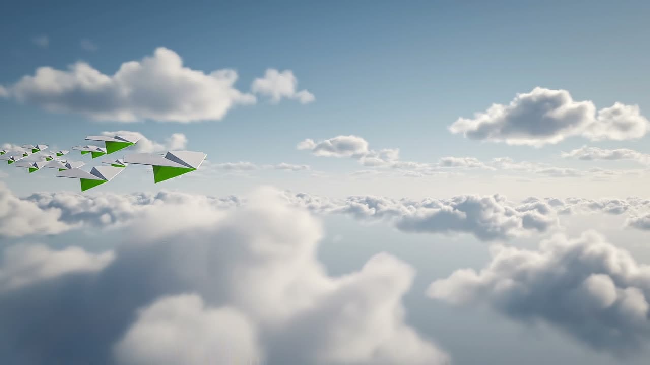 Paper planes gliding through a bright sky