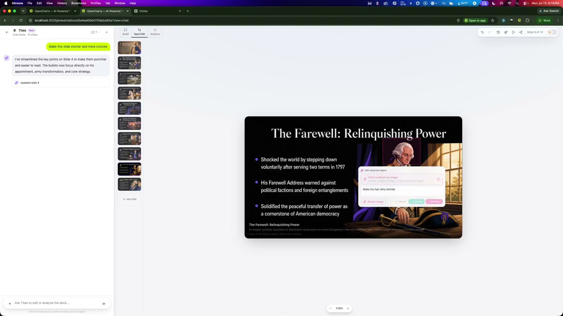 The OpenCharts presentation editor with a slide deck open