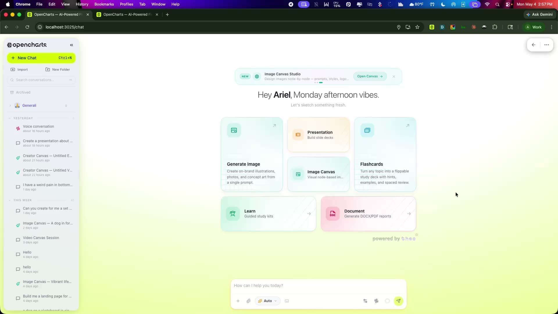 A Theo conversation producing projects across the OpenCharts workspace