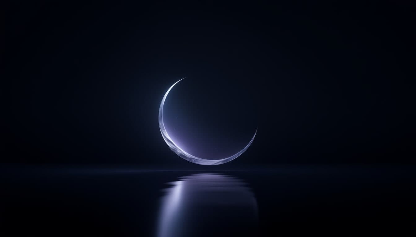 A thin crescent of glowing silver light suspended above still black water, reflected as a clean vertical streak, with violet and indigo light bleeding into the dark around it.