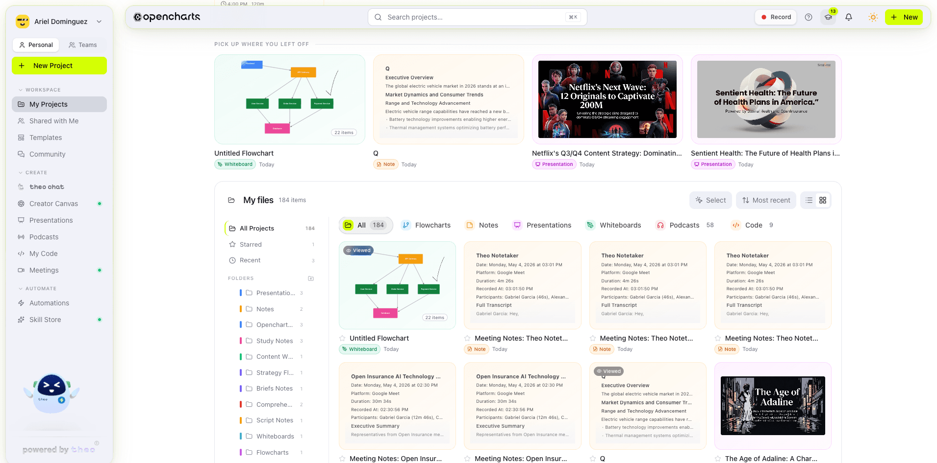 Projects hub with folders and recents