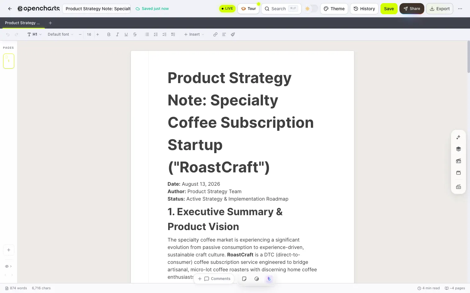 A long strategy document in the notes editor with headings and a word count