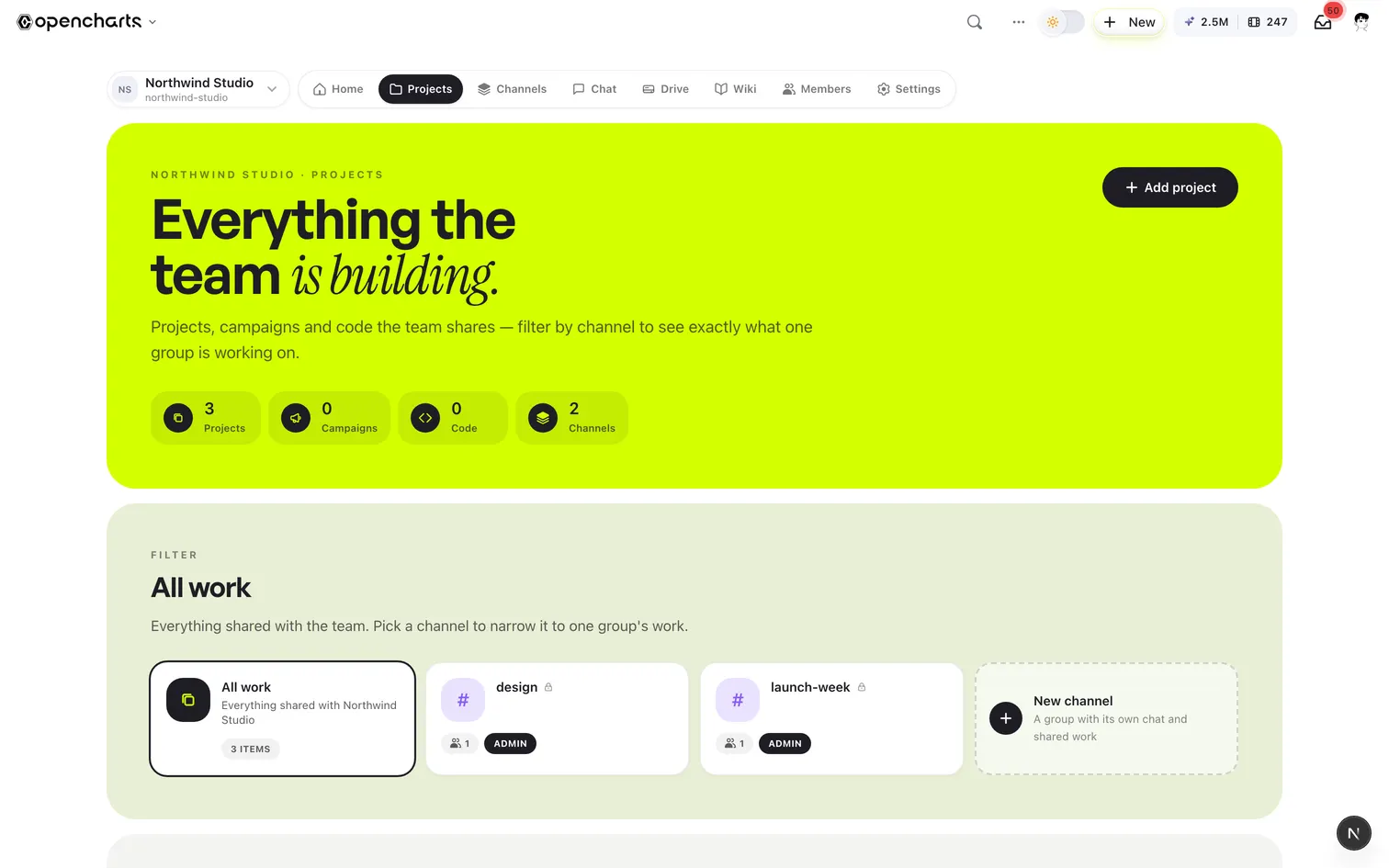 A team's projects: everything the team is building, filtered by channel