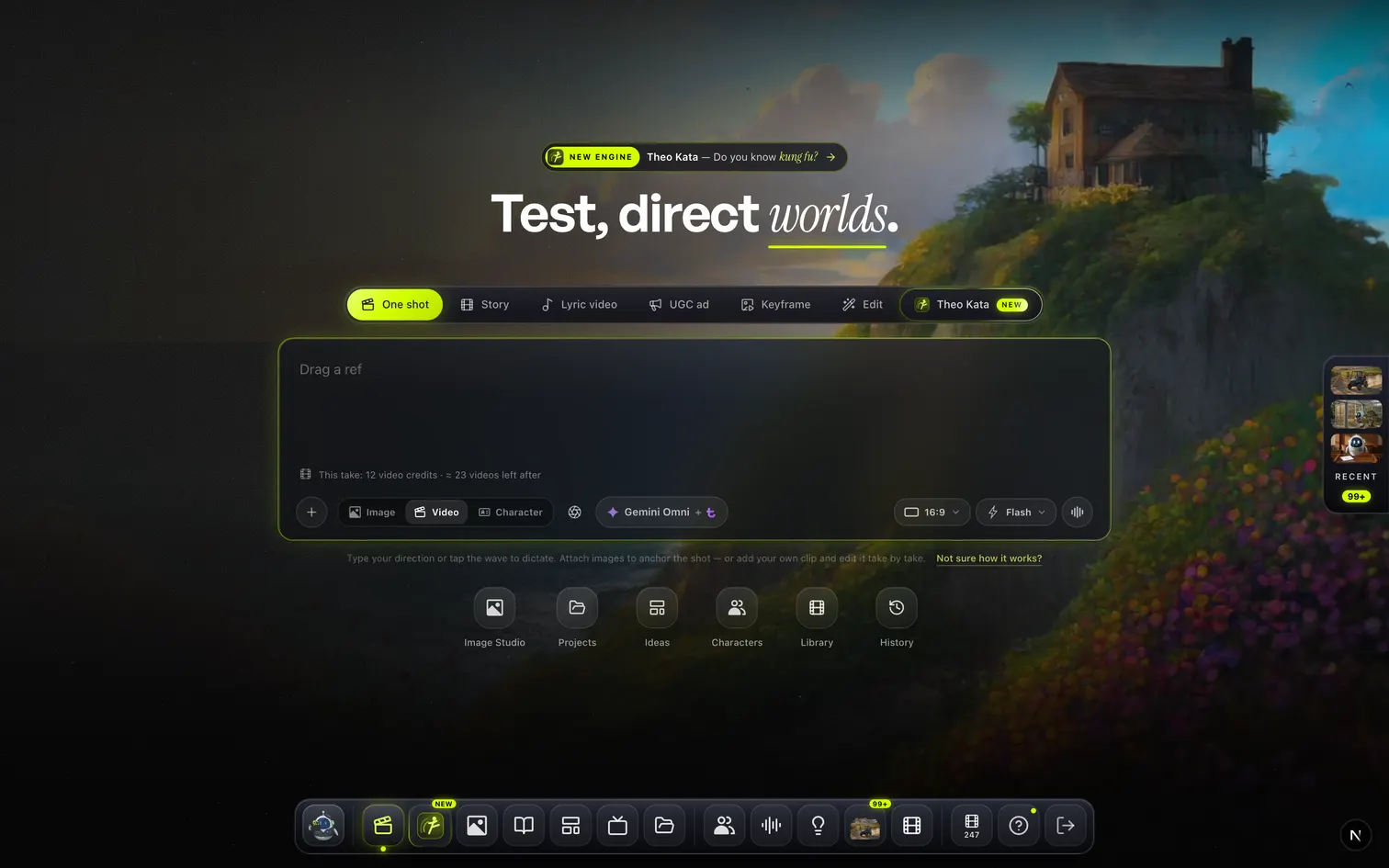 The Director Mode workspace: the composer for the opening shot, the modes along the top and the recent productions
