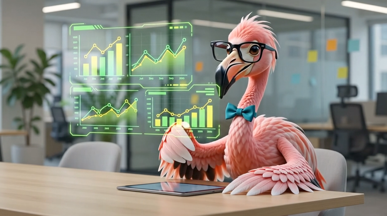 AI-generated video still of a cartoon flamingo analyst wearing glasses in front of holographic charts