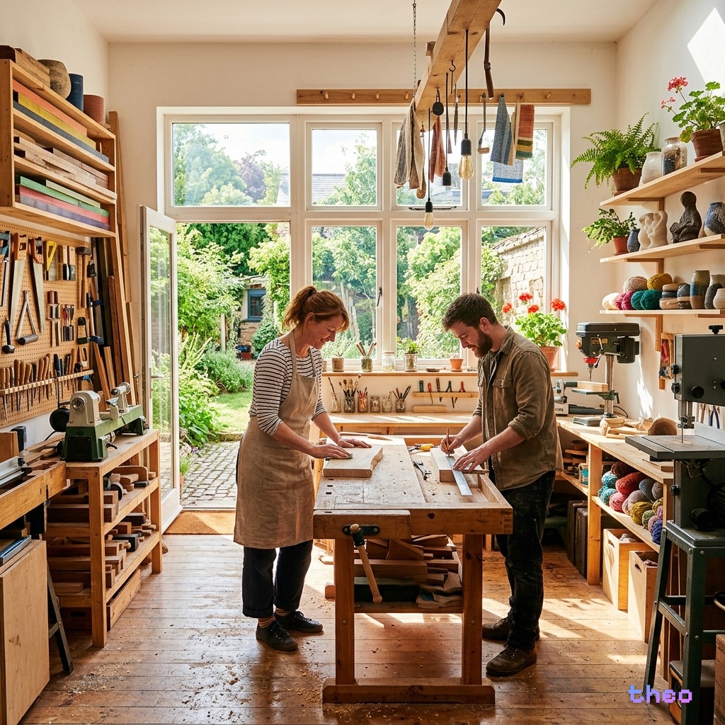 AI-generated image of a woodworking workshop scene with two makers