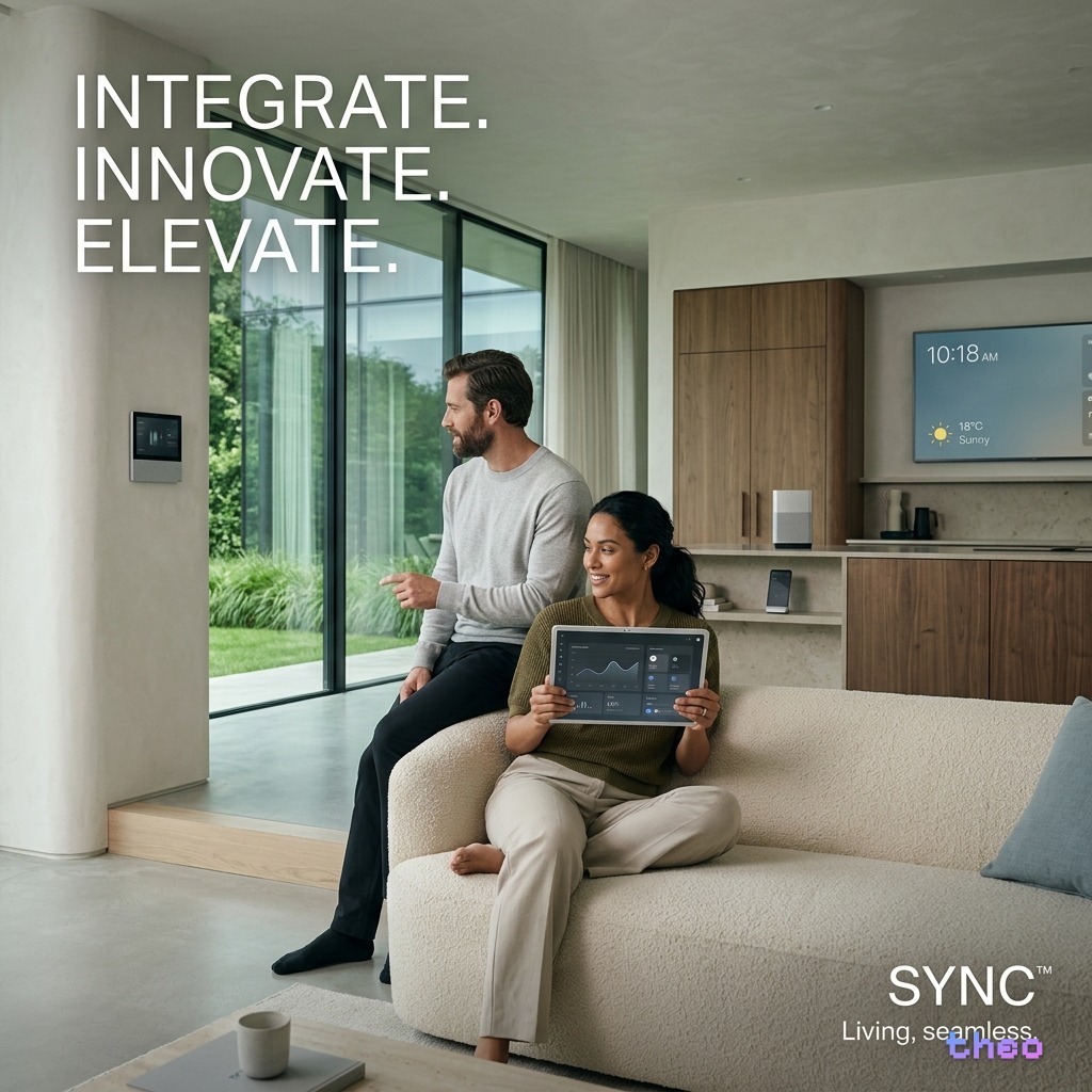 AI-generated smart home lifestyle image with integrate innovate elevate tagline