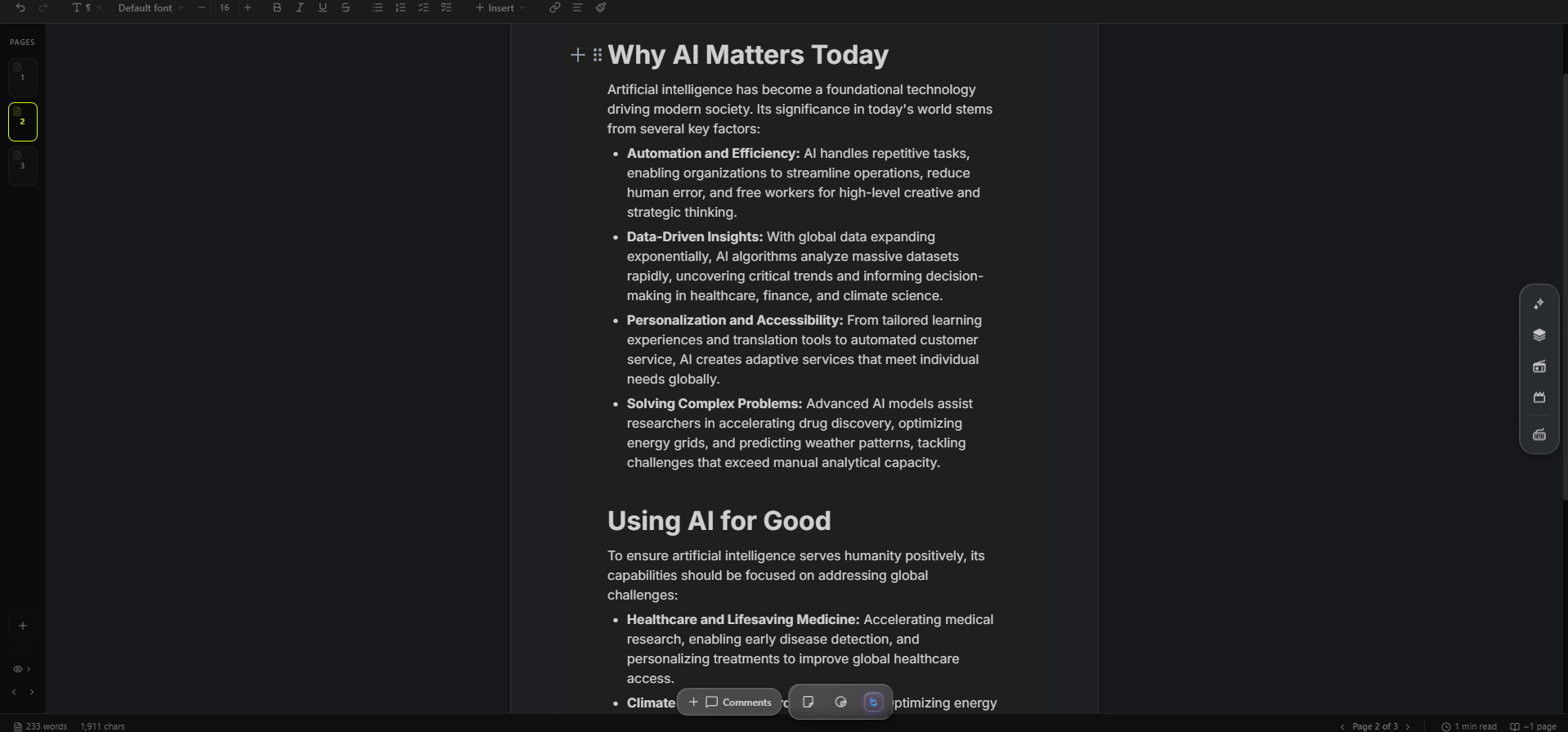 OpenCharts document editor showing an AI-written document about why AI matters today